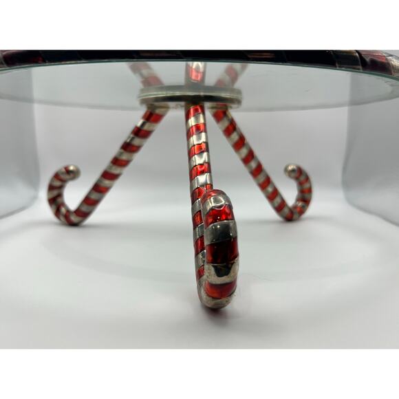 Festive Candy Cane Metal & Glass Holiday Cake Stand / Riser – 12” Round - Picture 3 of 9